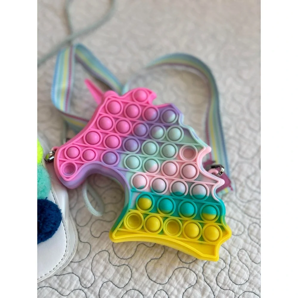 Unicorn Purses Pop It Fidget Crossbody Bag Rainbow Pom Pom‎ White